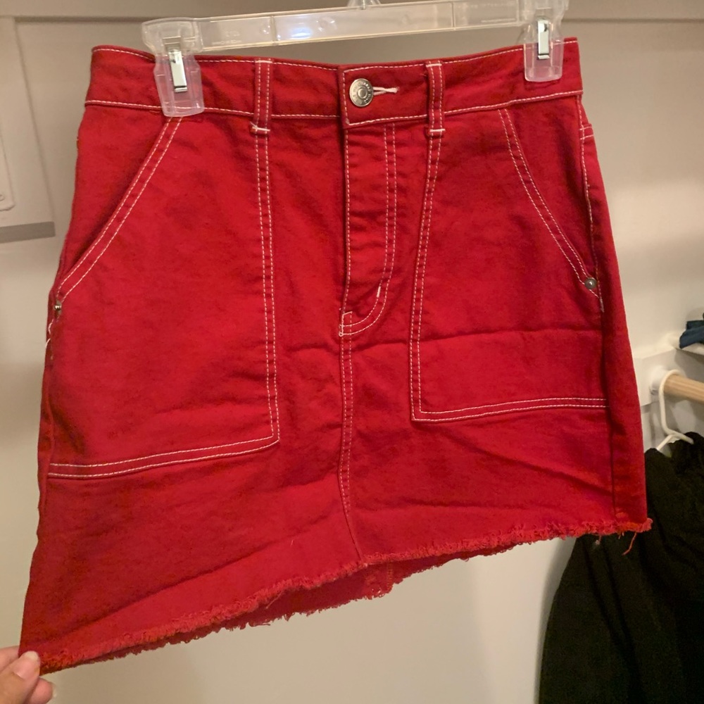 Red denim mini skirt